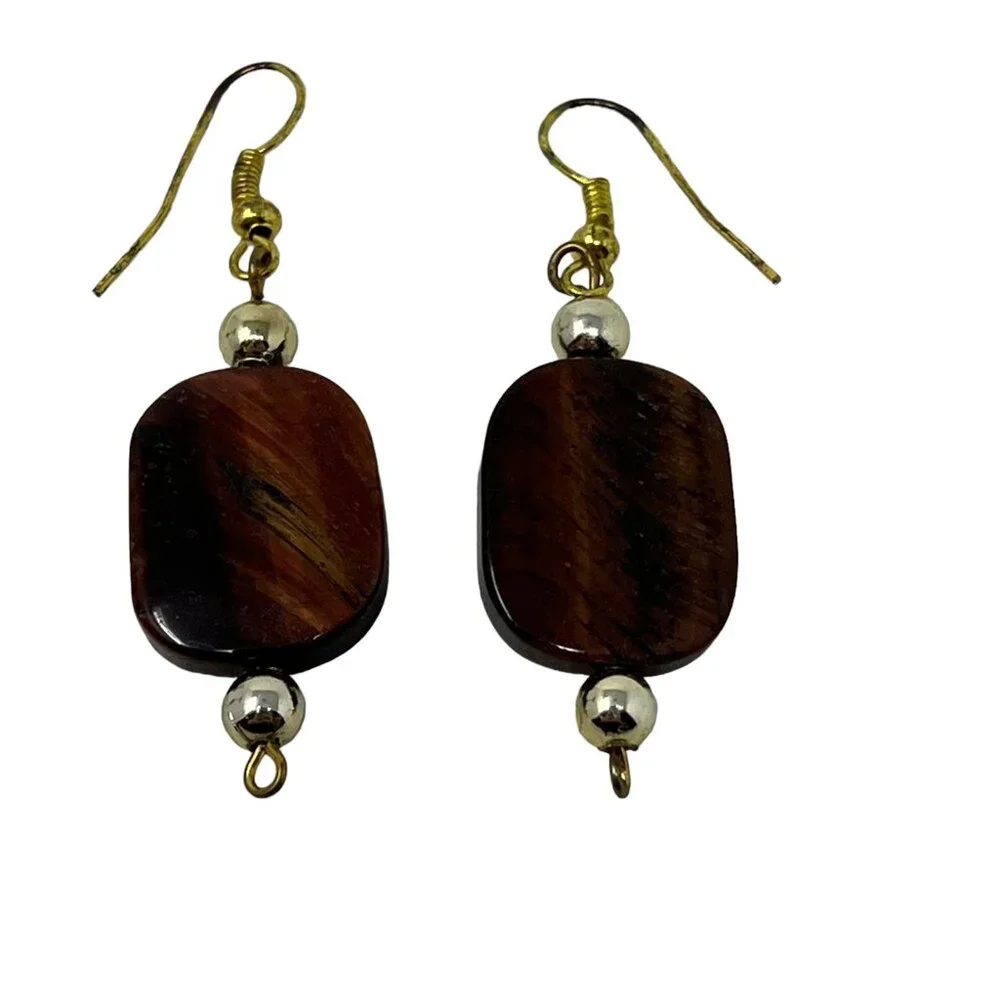 Faux Tiger Eye Drop Earrings Gold Tone‎ Wire Pierced 2 inches